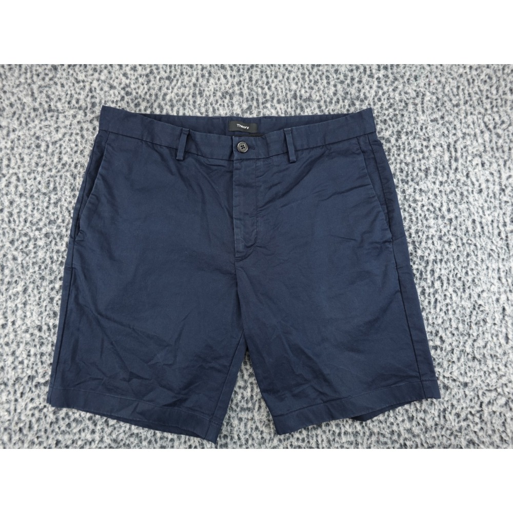 Theory Chino Shorts Mens 34 Navy Blue Flat Front Cotton Blend Casual Summer
